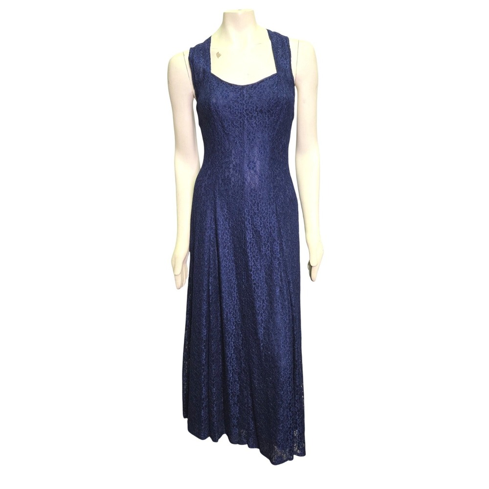 Vintage Dark Romance‎ Whimsigoth Blue Floral Lace Maxi Dress Open Back Gown L